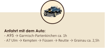 Anfahrt mit dem Auto: - A95 → Garmisch-Partenkirchen ca. 1h - A7 Ulm → Kempten → Fssen → Reutte → Grainau ca. 2,5h